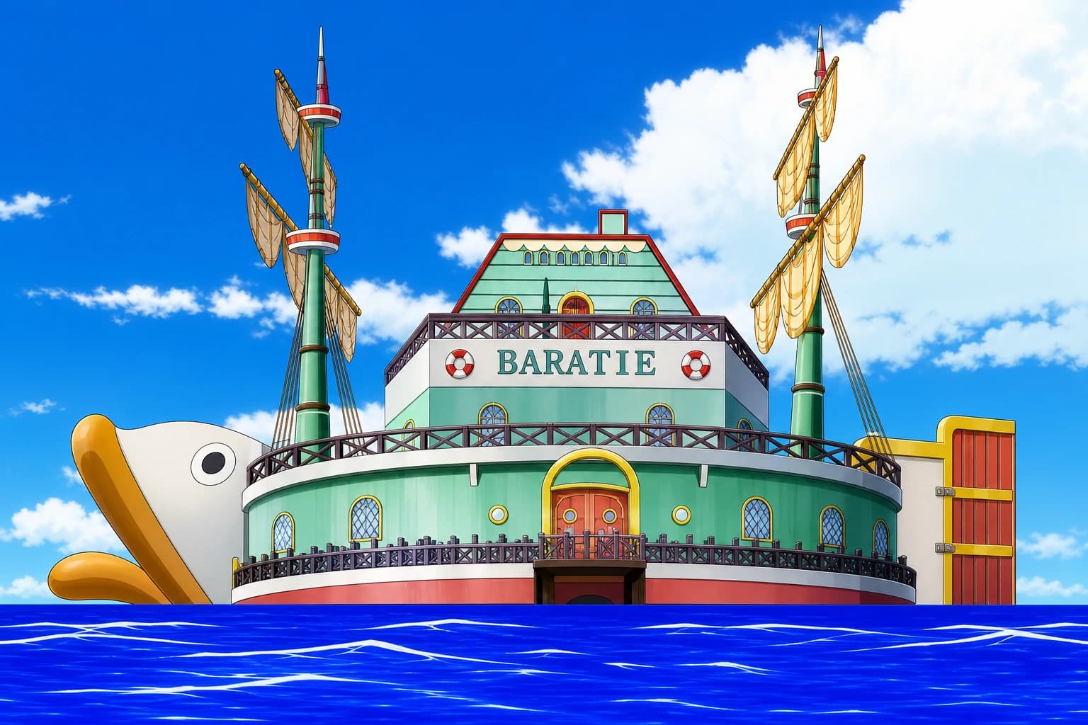 O restaurante flutuante Baratie em um mar azul